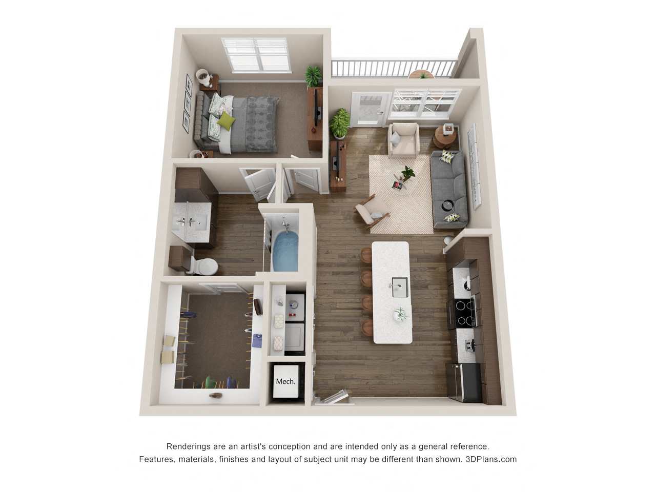 Floor plan for 1 bed, 1 bath, 811 sqft
